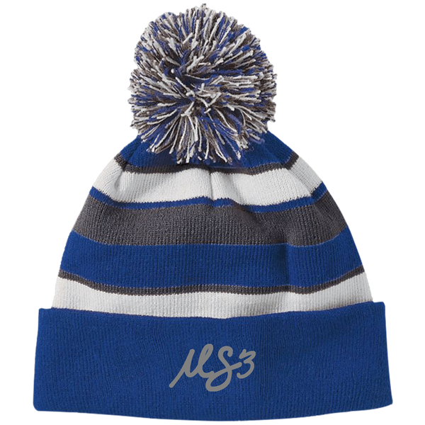 Grey MS3 Striped Beanie w/Pom