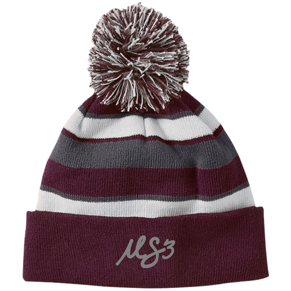 Grey MS3 Striped Beanie w/Pom