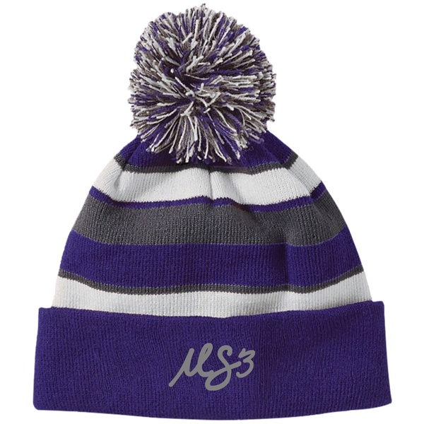 Grey MS3 Striped Beanie w/Pom